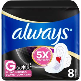 ABSORVENTE ALWAYS NOTURNO TAMANHO G SUAVE COM ABAS PACOTE 8 UNIDADES