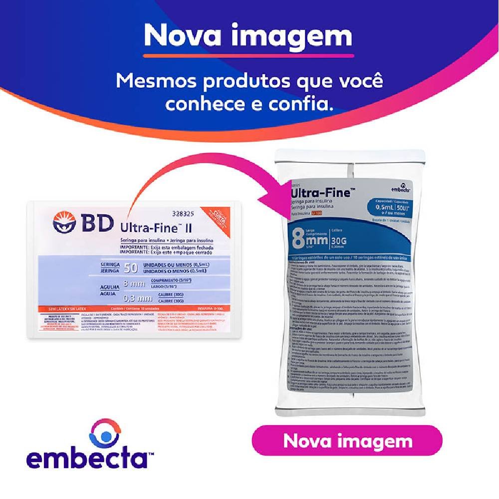 Seringa Para Insulina Com Agulha Bd - 8x0,3mm - 30g - 50ui 0,5ml - 10 Unidades