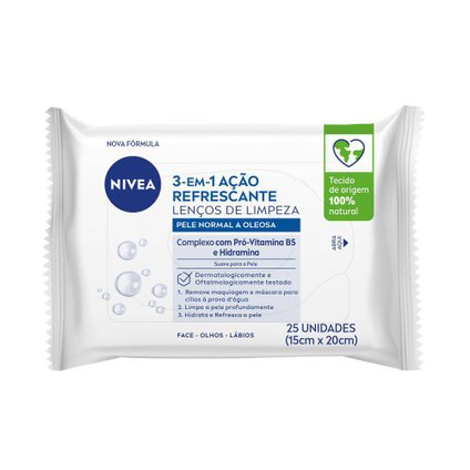 LENÇOS DE LIMPEZA DEMAQUILANTES NIVEA 3 EM 1 AÇÃO REFRESCANTE 25 UNIDADES