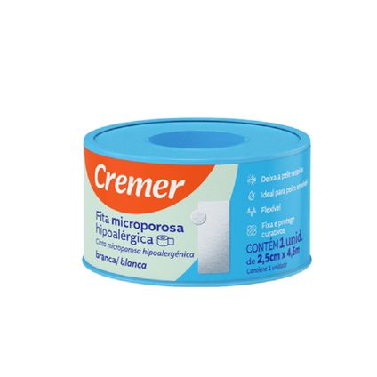 FITA MICROPOROSA HIPOALÉRGICA BRANCA CREMER 2,5CM X 4,5M