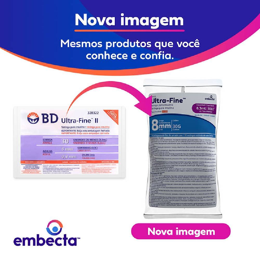 Seringa Para Insulina Com Agulha Bd - 8x0,3mm - 30g - 30ui 0,3ml - 10 Unidades