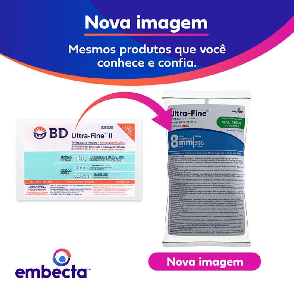 Seringa Para Insulina Com Agulha Bd - 8x0,3mm - 30g - 100ui 1ml - 10 Unidades