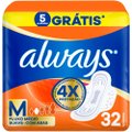 ABSORVENTE ALWAYS TAMANHO M SUAVE COM ABAS PACOTE 32 UNIDADES GRÁTIS 4 ABSORVENTES