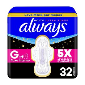 ABSORVENTE ALWAYS NOITE ULTRA SUAVE COM ABAS FLUXO INTENSO 32 UNIDADES