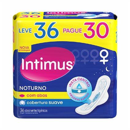 ABSORVENTE EXTERNO INTIMUS GEL SUAVE NOTURNO COM ABAS LEVE 36 PAGUE 30