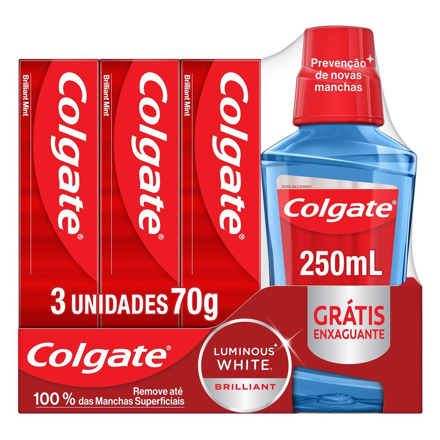 Kit Creme Dental Colgate Luminous White Brilliant Mint 3 Unidades 70g Cada + Enxaguante Bucal 250ml