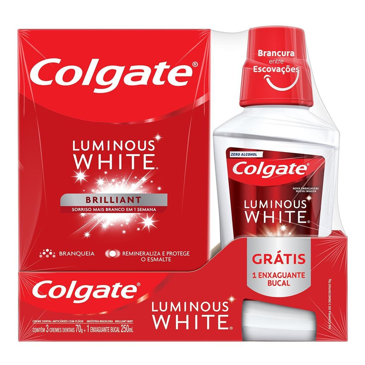 Kit Creme Dental Colgate Luminous White Brilliant Mint 3 Unidades 70g Cada + Enxaguante Bucal 250ml