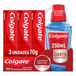 Kit Creme Dental Colgate Luminous White Brilliant Mint 3 Unidades 70g Cada + Enxaguante Bucal 250ml