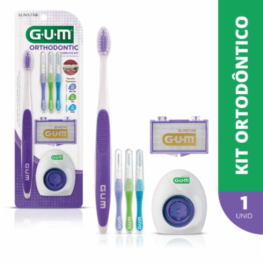 Kit Ortodontico Gum Escova Dental + 3 Escovas Interdentais + Fio