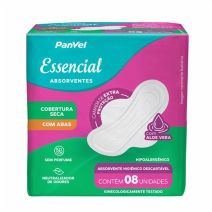 ABSORVENTE PANVEL ESSENCIAL COBERTURA SECA COM ABAS 8 UNIDADES