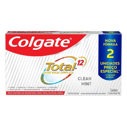 KIT CREME DENTAL COLGATE TOTAL 12 CLEAN MINT COM 2 UNIDADES DE 90G
