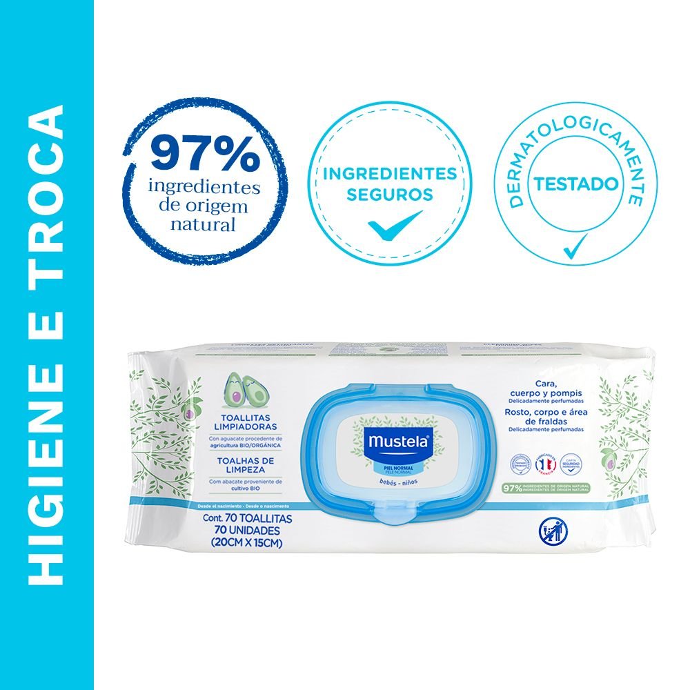 TOALHAS UMEDECIDAS PARA PELE NORMAL MUSTELA COM 70 UNIDADES