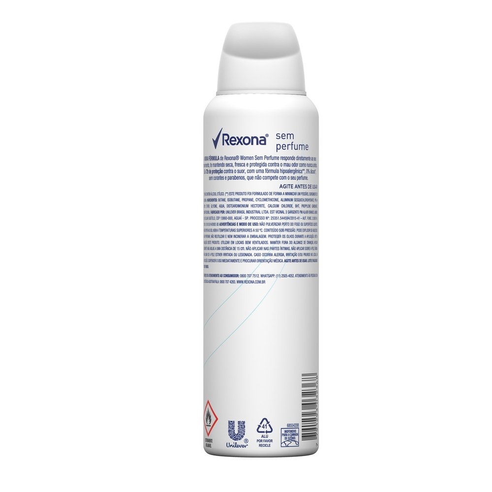 DESODORANTE ANTITRANSPIRANTE AEROSOL FEMININO REXONA SEM PERFUME 72 HORAS 150ML