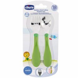 Talheres Chicco Em Aço Inoxidável Colher + Garfo 18m+ Verde