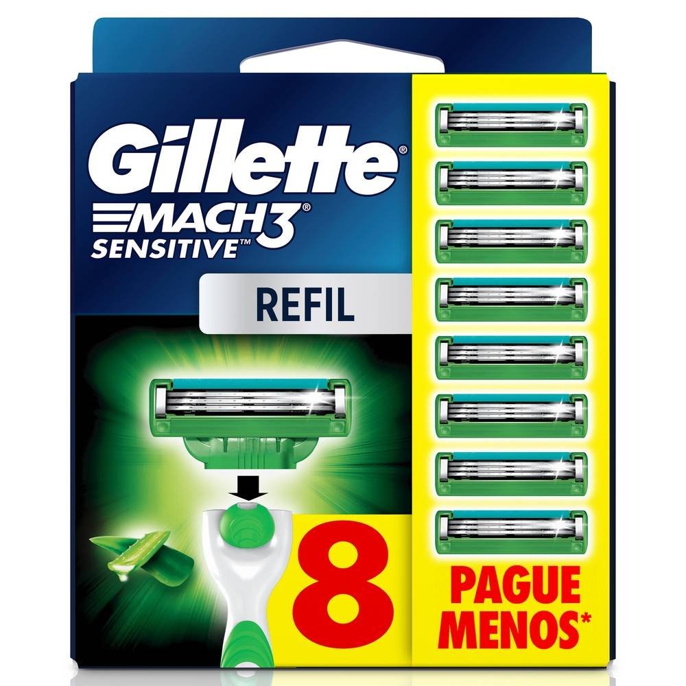  Carga Para Aparelho De Barbear Gillette Mach3 Sensitive Com Aloe 8 Unidades
