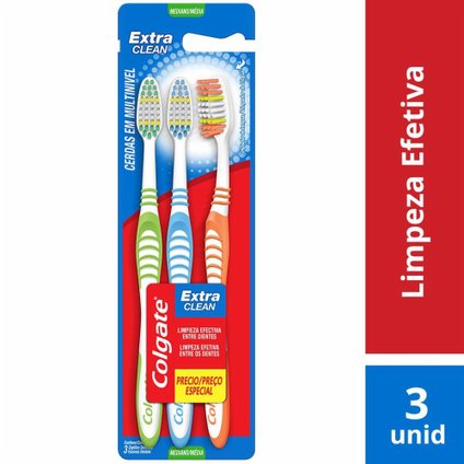 KIT ESCOVA DENTAL MÉDIA COLGATE EXTRA CLEAN - 3 UNIDADES