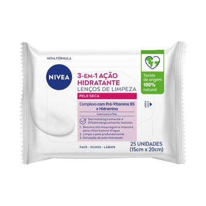 LENÇOS DE LIMPEZA DEMAQUILANTES NIVEA 3 EM 1 AÇÃO HIDRATANTE 25 UNIDADES