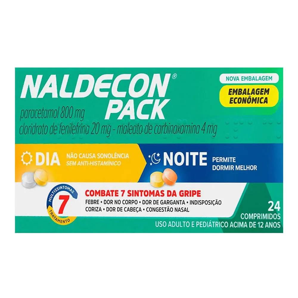 Naldecon Dia E Noite Paracetamol 800mg + Cloridrato De Fenilefrina 20mg 24 Comprimidos