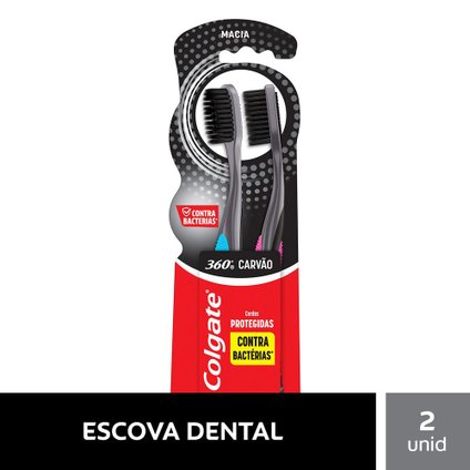 KIT ESCOVA DENTAL MACIA COLGATE 360º CARVÃO - 2 UNIDADES