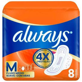 ABSORVENTE ALWAYS TAMANHO M SUAVE COM ABAS 8 UNIDADES