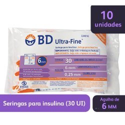 Seringa Para Insulina Com Agulha Bd - 6x0,25mm - 31g - 30ui 0,3ml - 10 Unidades
