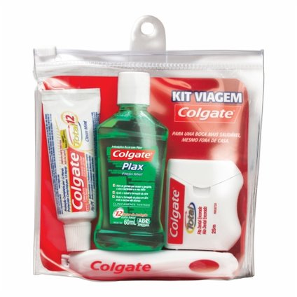 KIT VIAGEM COLGATE ESCOVA DENTAL PORTABLE + CREME DENTAL 30G + PLAX 60ML + FITA DENTAL 25M