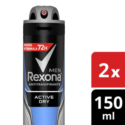 DESODORANTE ANTITRANSPIRANTE AEROSOL MASCULINO REXONA ACTIVE DRY 72 HORAS 2 X 150ML