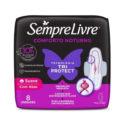 ABSORVENTE EXTERNO NOTURNO SEMPRE LIVRE CONFORTO SUAVE 8 UNIDADES