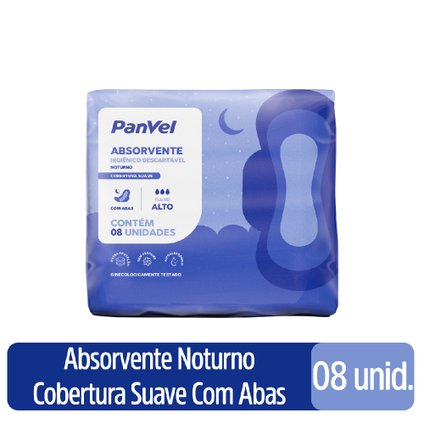 ABSORVENTE PANVEL ESSENCIAL NOTURNO COBERTURA SUAVE COM ABAS 8 UNIDADES