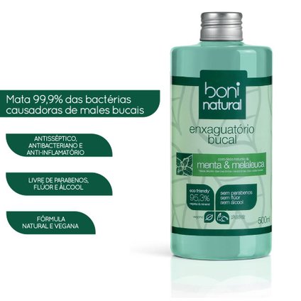 ENXAGUATÓRIO BUCAL BONI NATURAL MENTA E MELALEUCA SEM FLUOR 500ML