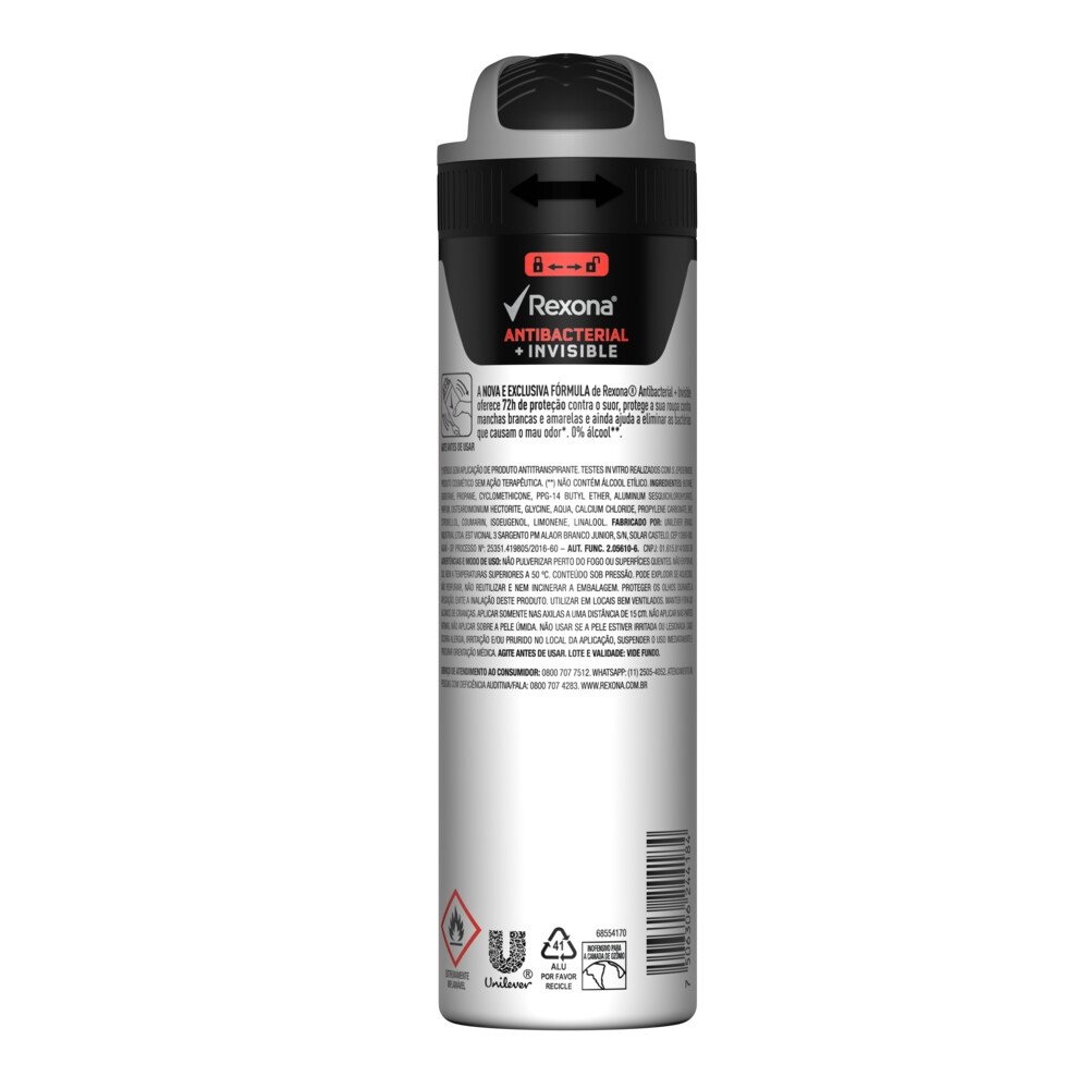 DESODORANTE ANTITRANSPIRANTE AEROSOL MASCULINO REXONA ANTIBACTERIAL + INVISIBLE 72 HORAS 150ML