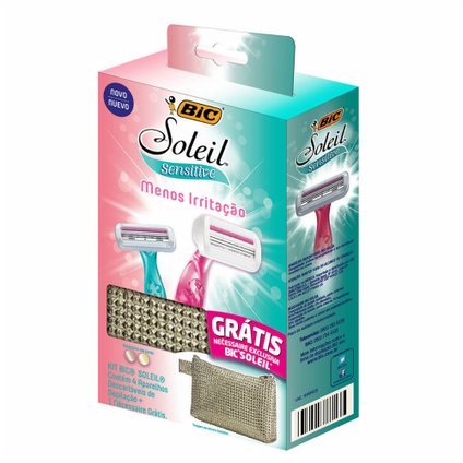 KIT APARELHO DEPILATÓRIO BIC SOLEIL SENSITIVE C/4 UNIDADES GRÁTIS NÉCESSAIRE