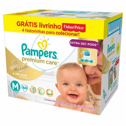 FRALDA PAMPERS PREMIUM CARE M C/84 GRÁTIS LIVRO FISHER-PRICE