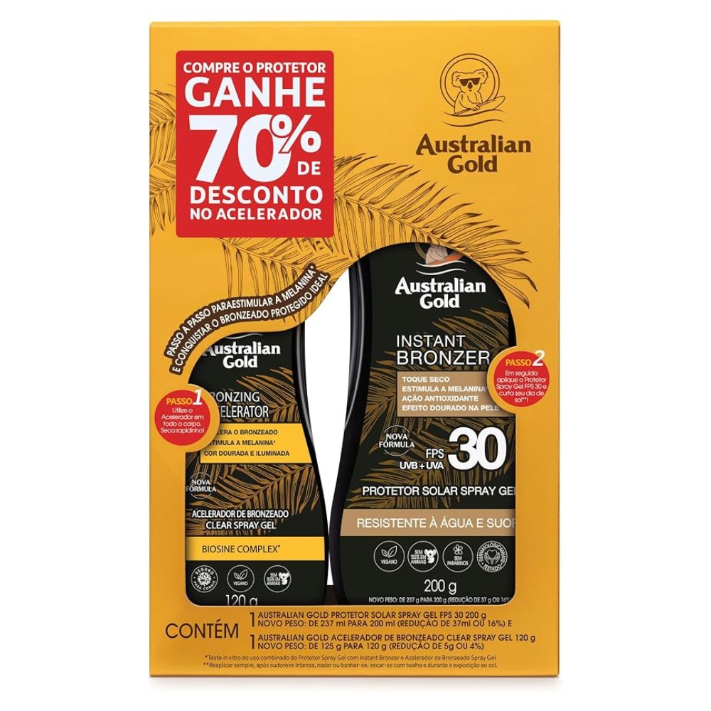 Kit Australian Gold Protetor Solar Corporal Spray Gel Instant Bronzer Fps30 200g + Acelerador 120g