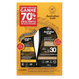 KIT AUSTRALIAN GOLD PROTETOR SOLAR CORPORAL SPRAY GEL INSTANT BRONZER FPS30 200G + ACELERADOR 120G