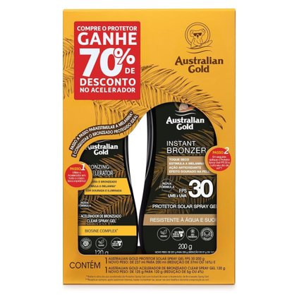 KIT AUSTRALIAN GOLD PROTETOR SOLAR CORPORAL SPRAY GEL INSTANT BRONZER FPS30 200G + ACELERADOR 120G