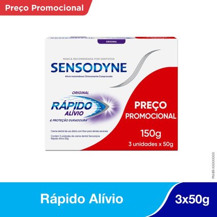 KIT CREME DENTAL SENSODYNE ALÍVIO RÁPIDO DURADOURO DA SENSIBILIDADE DENTES SENSÍVEIS 3 UNIDADES 50G