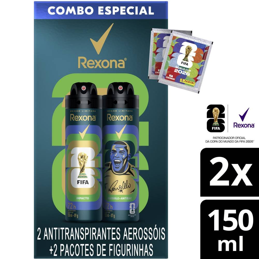 Kit Desodorante Aerosol Rexona Men Fifa Impacto Ronaldo 2 Unidades 150ml Cada + 2 Figurinhas