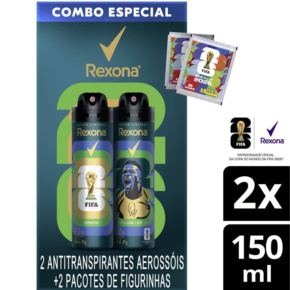 Kit Desodorante Aerosol Rexona Men Fifa Impacto Vini Jr 2 Unidades 150ml Cada + 2 Figurinhas
