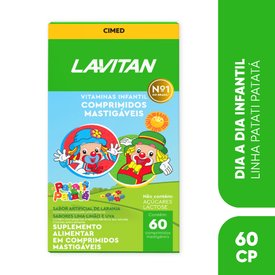 VITAMINA INFANTIL MASTIGÁVEL SABOR UVA, LIMÃO E LARANJA LAVITAN PATATI PATATÁ COM 60 COMPRIMIDOS