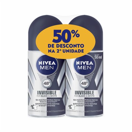 KIT DESODORANTE NIVEA ROLL BLACK  WHITE MASCULINO - 50% NA SEGUNDA UNIDADE