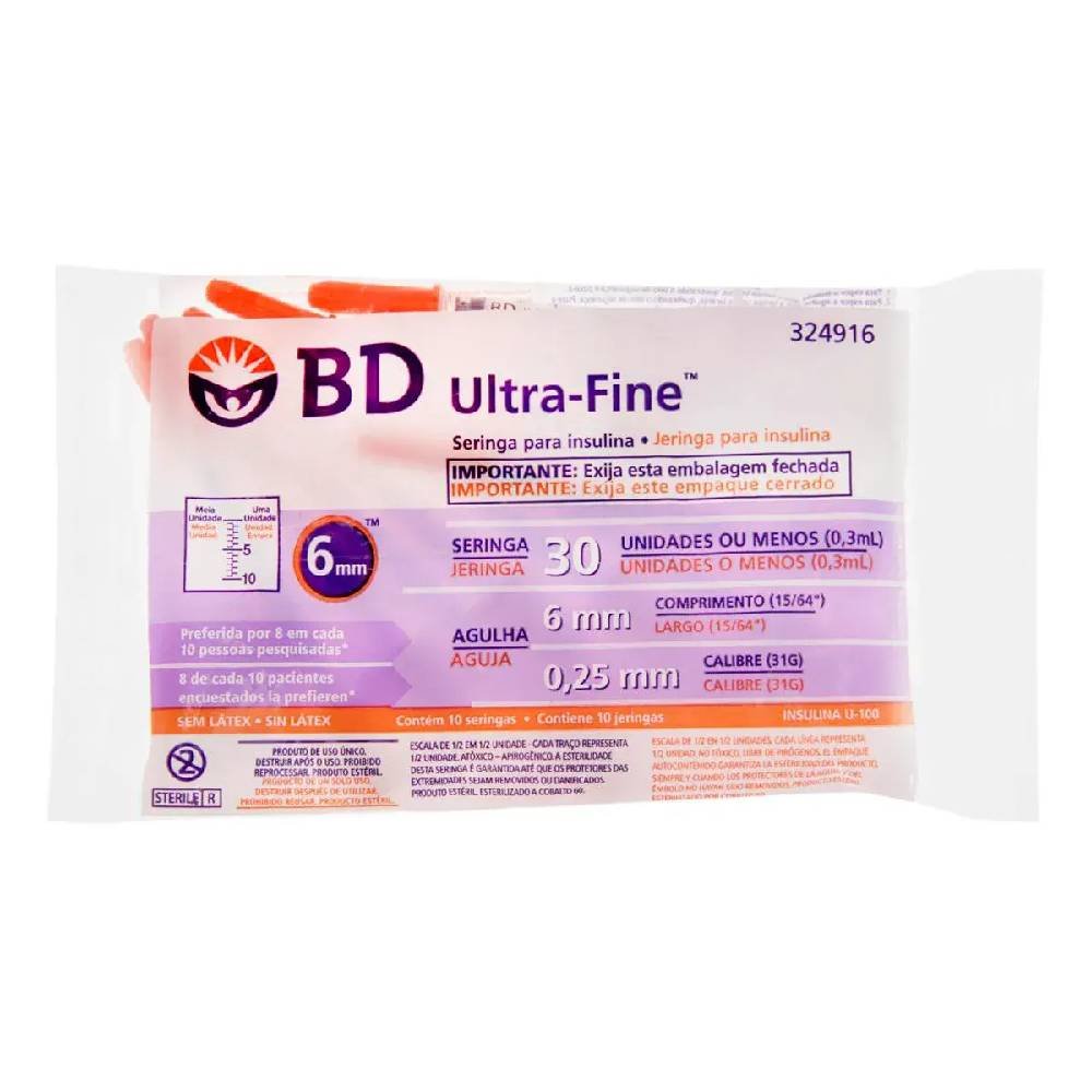 Seringa Para Insulina Bd Ultra-fine 6mm 30ui Com 10 Unidades