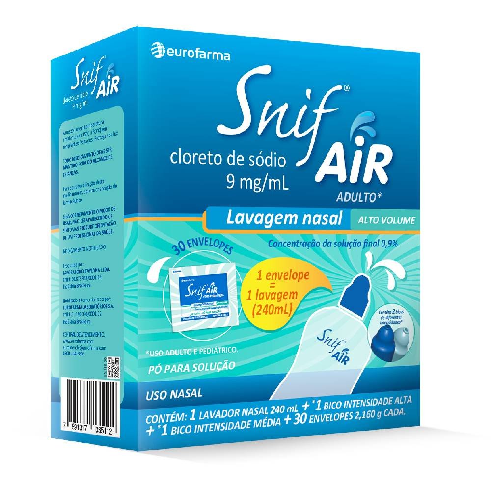 Cloreto De Sódio Snif Air Adulto 1 Lavador 240ml + 30 Envelopes
