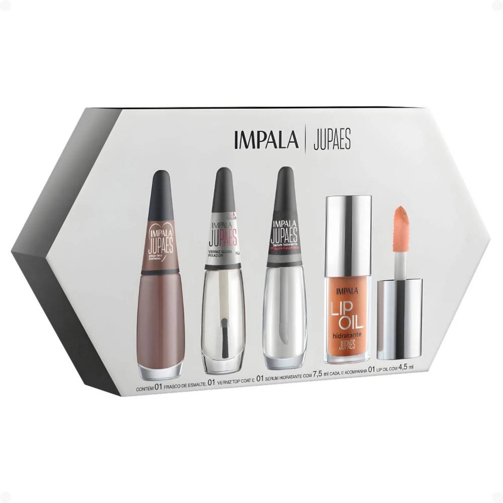 Kit Impala Ju Paes Esmalte Peça Rara 7,5ml + Top Coat 7,5ml + Sérum 7,5ml + Lip Oil 4,5ml 