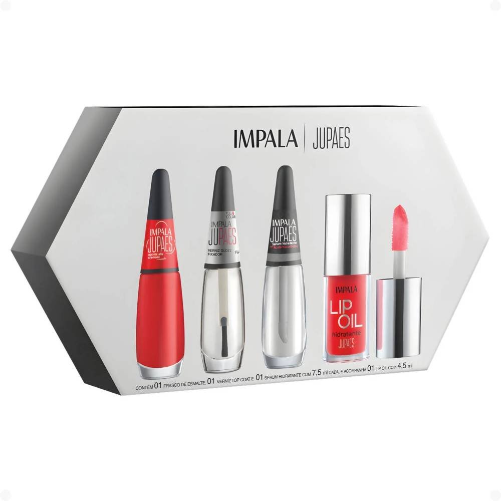 Kit Impala Ju Paes Esmalte Aposta Alta 7,5ml + Top Coat 7,5ml + Sérum 7,5ml + Lip Oil 4,5ml 