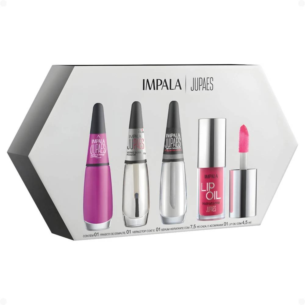 Kit Impala Ju Paes Esmalte Cartas Na Manga 7,5ml + Top Coat 7,5ml + Sérum 7,5ml + Lip Oil 4,5ml 
