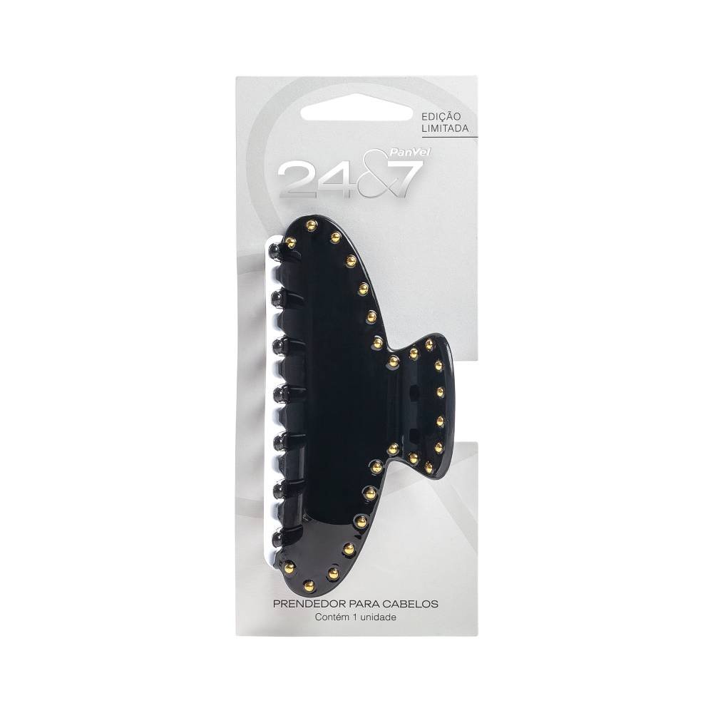 Piranha De Plástico Para Cabelo Panvel 24&7 Preta Com Detalhe Dourado