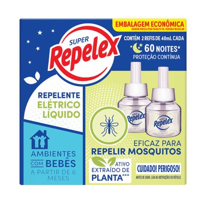 KIT REPELENTE ELÉTRICO LÍQUIDO REPELEX REFIL 2 UNIDADES 40ML CADA