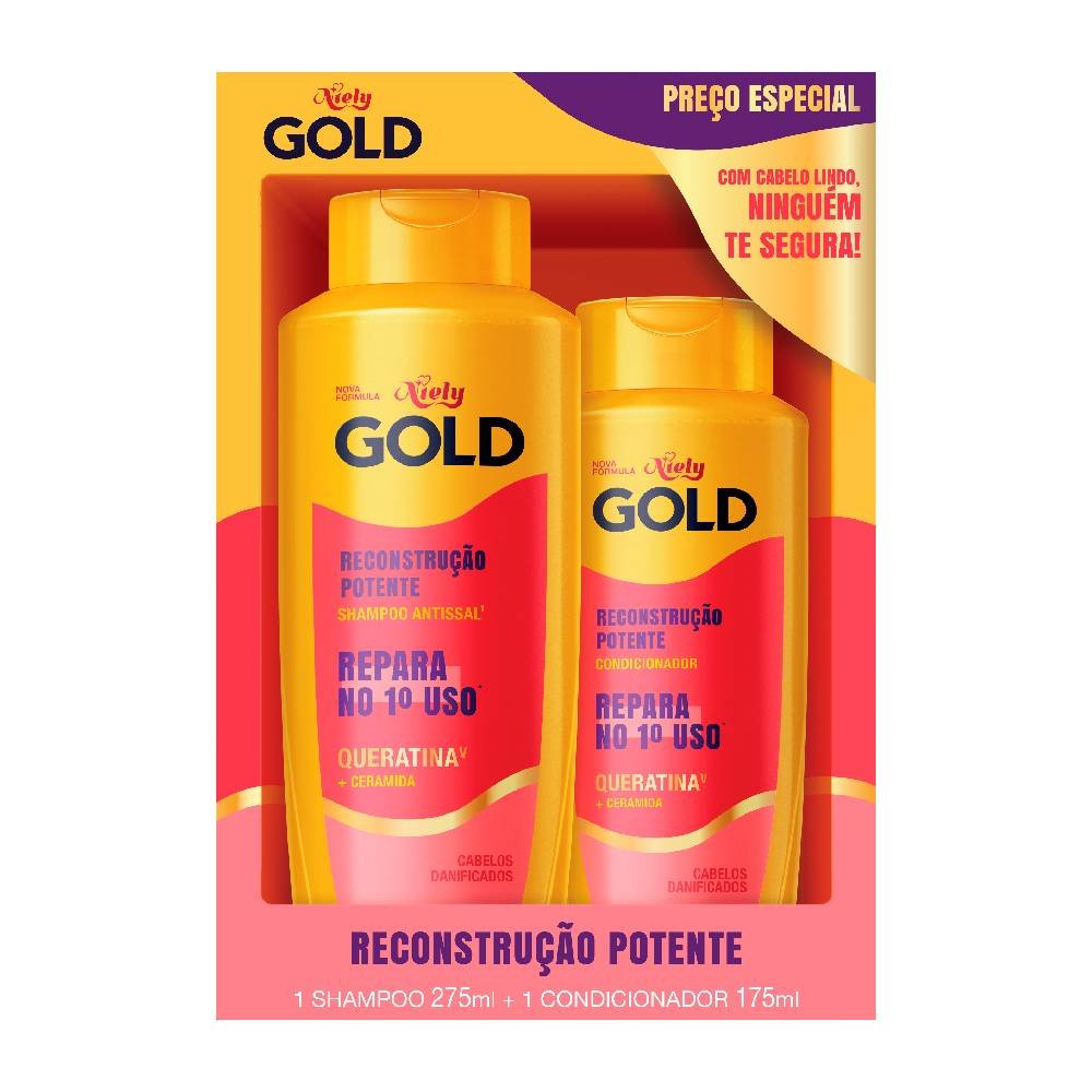 Kit Niely Gold Reconstrução Queratina Shampoo 275ml + Condicionador 275ml