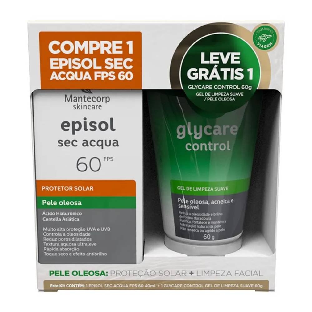 Kit Protetor Solar Facial Episol Sec Acqua Fps60 40ml + Gel De Limpeza Glycare Control 60g